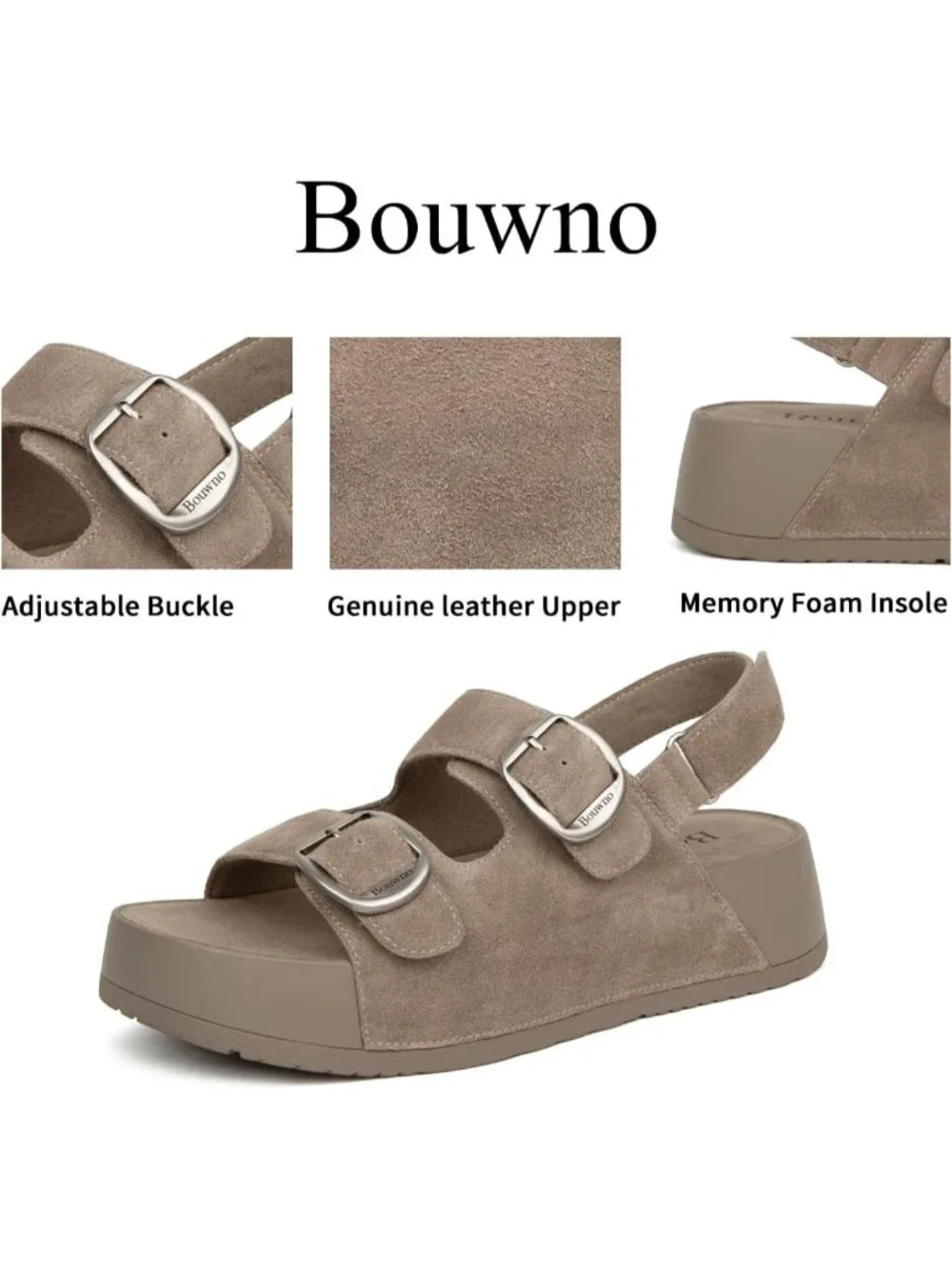 Women's Apricot Brown Genuine Leather Slip on Slide Buckle Platform Sandal Shoes